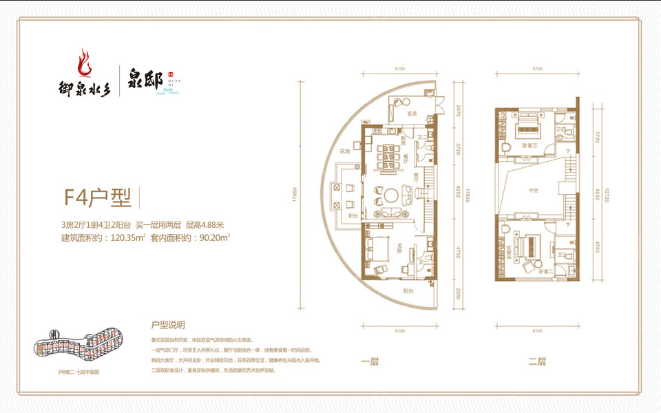 F4户型 3房2厅1厨4卫 建面约120.35m²
