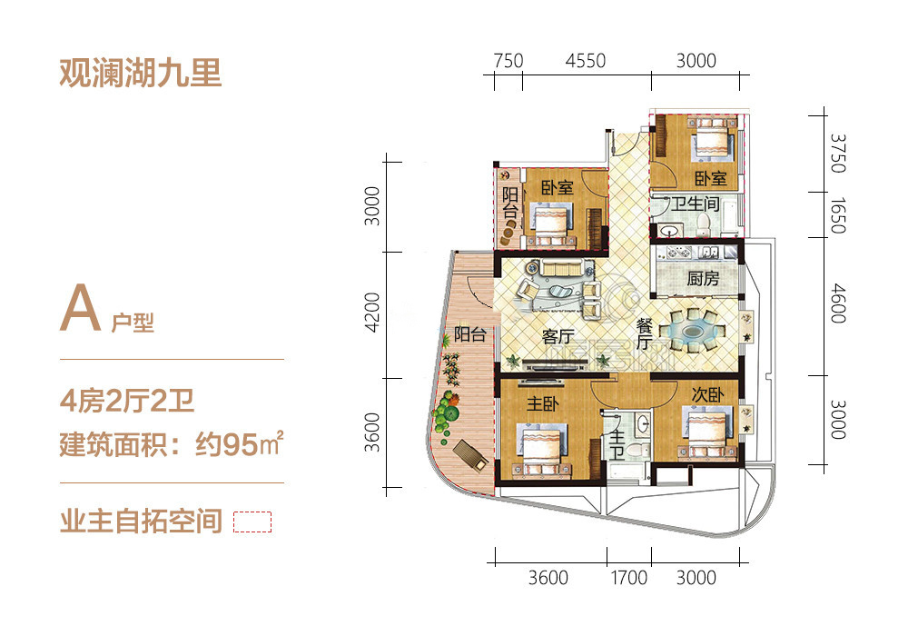A户型 4房2厅2卫 95㎡